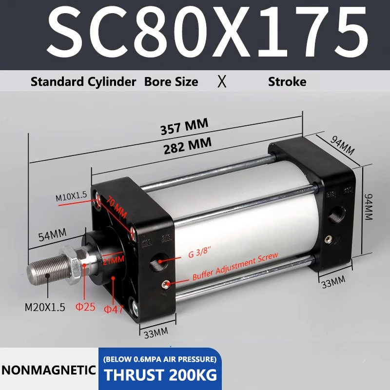 ABILKEEN SC80X175 Standard Pneumatic Cylinder 80mm Bore Size X 175 MM Stroke Double Acting Air Standard Cylinder