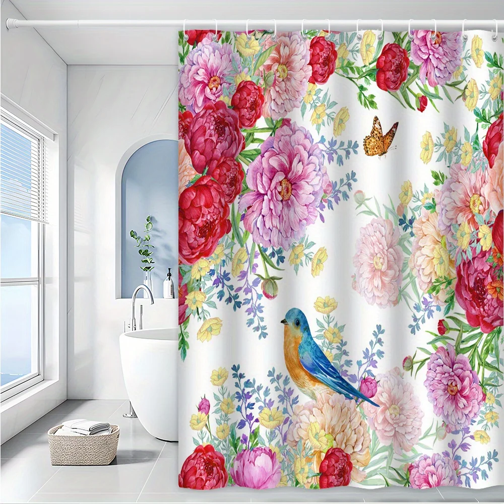 

Очаровательная занавеска для душа с цветочным принтом — яркая тема пиона и синей птицы для декора ванной комнаты, добавляет красоту и природному дотику