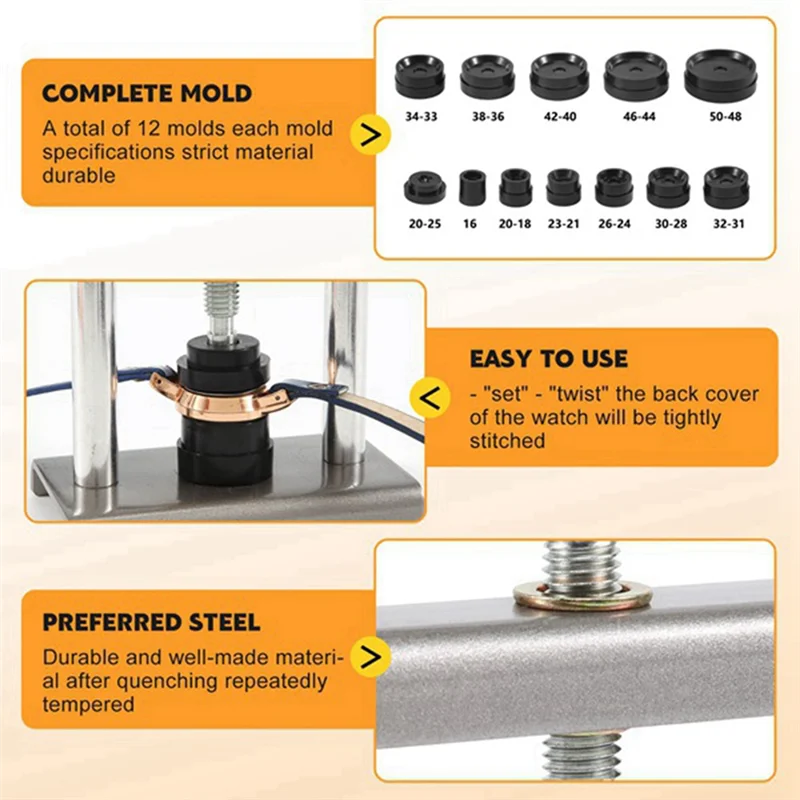 

12Pcs Watch Metal Capping Machine Set Back Case Cover Press Screw Close Watchmakers Hand Repair Tools Kit-ABUA
