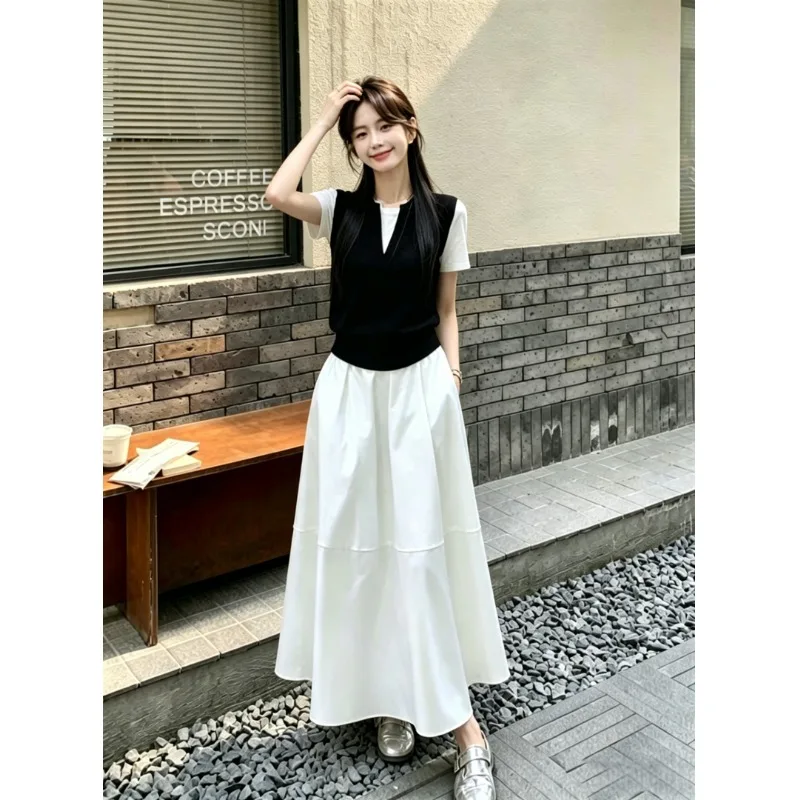

Korean Style Summer Fashion Chic T-Shirt Top High Waist Skirt Two-Piece Set Women's Clothing Bright Color Block Design