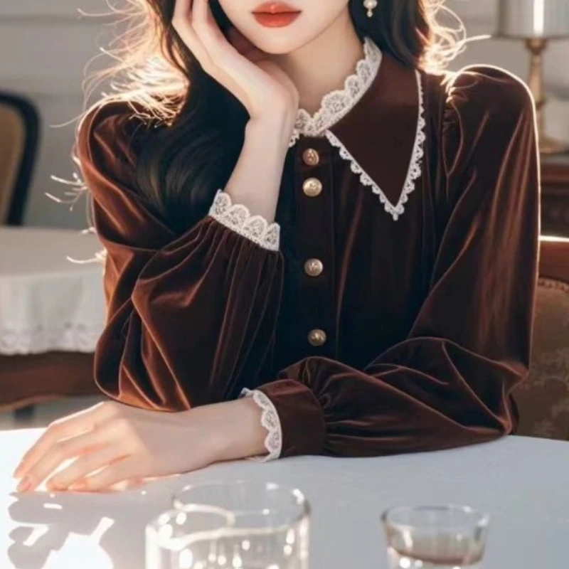 

Осень 2024, новый золотой бархатный пуловер с длинными рукавами, одинаковые модные универсальные дизайнерские рубашки, топ TT342