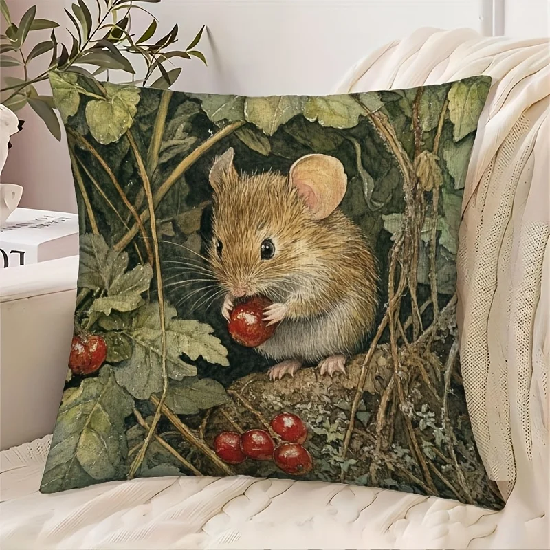1 Stück Vintage Kissenbezug mit Maus- und Beeren-Ölgemälde-Motiv, Polyester, 2D-Doppelseitiger Druck, Rustikale Bauernhaus-Kunst mit Obst- und Wildtiermotiven