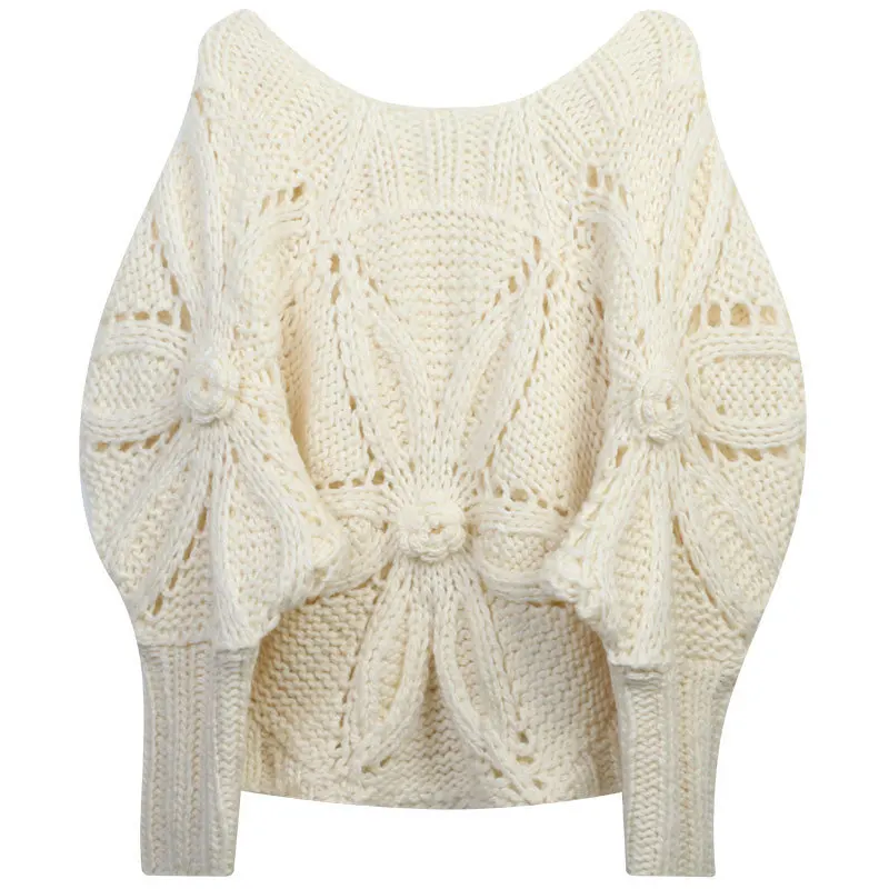 New Hot Sale Sweaters 2023 Autumn Winter High Quality Pullovers Women Allover Crochet Knitting Long Sleeve Casual Beige Jumpers