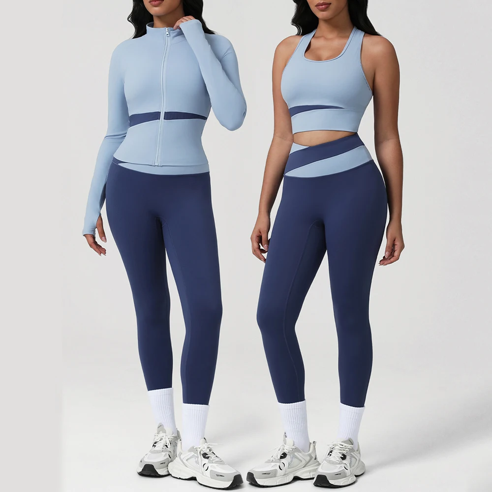 

Комплект из двух предметов для йоги, спортивный комплект, женская спортивная одежда, однотонная спортивная куртка на молнии с воротником-стойкой, леггинсы с высокой талией, комплект быстросохнущего костюма для йоги