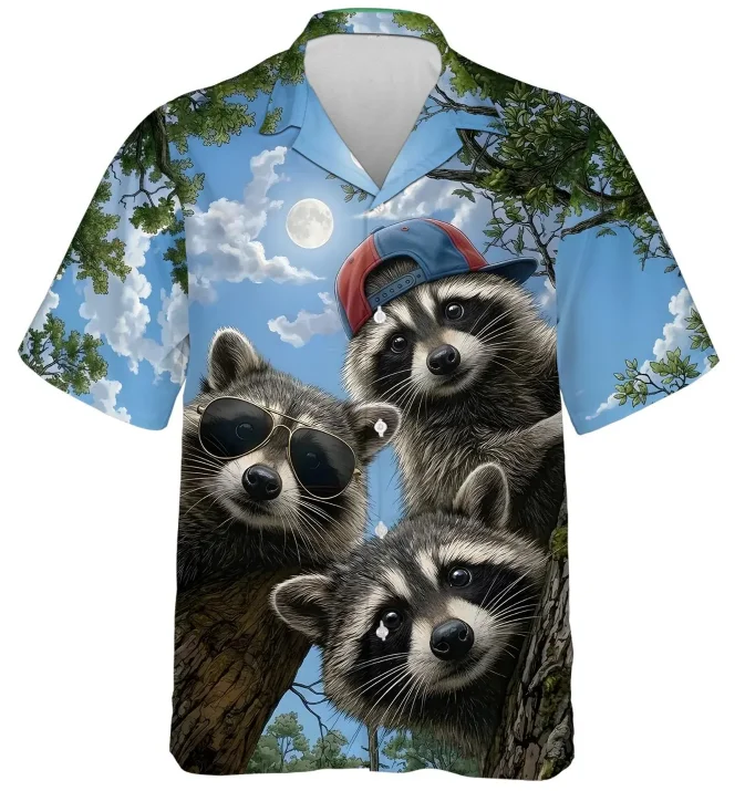 Men's Tropical Hawaiian Shirt with Cartoon Cat, Shark, and Raccoon Pattern Short Sleeve Spread Collar Casual Loose Floral Shirt