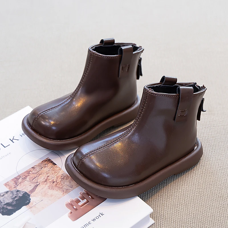 Kids Short Boots Korean Style Versatile Boys Girls Ankle Boots Soild Color Fashion 2025 Autumn New Children Leather Boots Casual