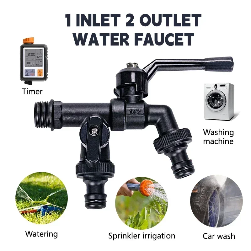 TMOK Outdoor Garden Brass Water Faucet Tap Anti-Freeze Bibcocks with Hose Connector Dual Outlet for Washing Machine
