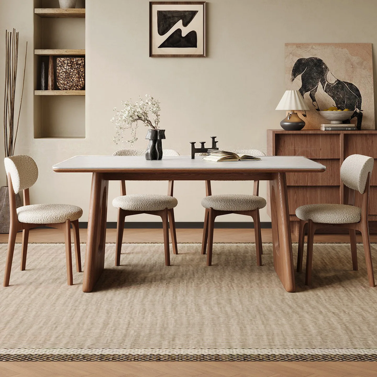 Wabi Sansan Solid Wood Slate Dining Table and Chair Combination Rectangle Nordic Household Small Apartment Modern Simple
