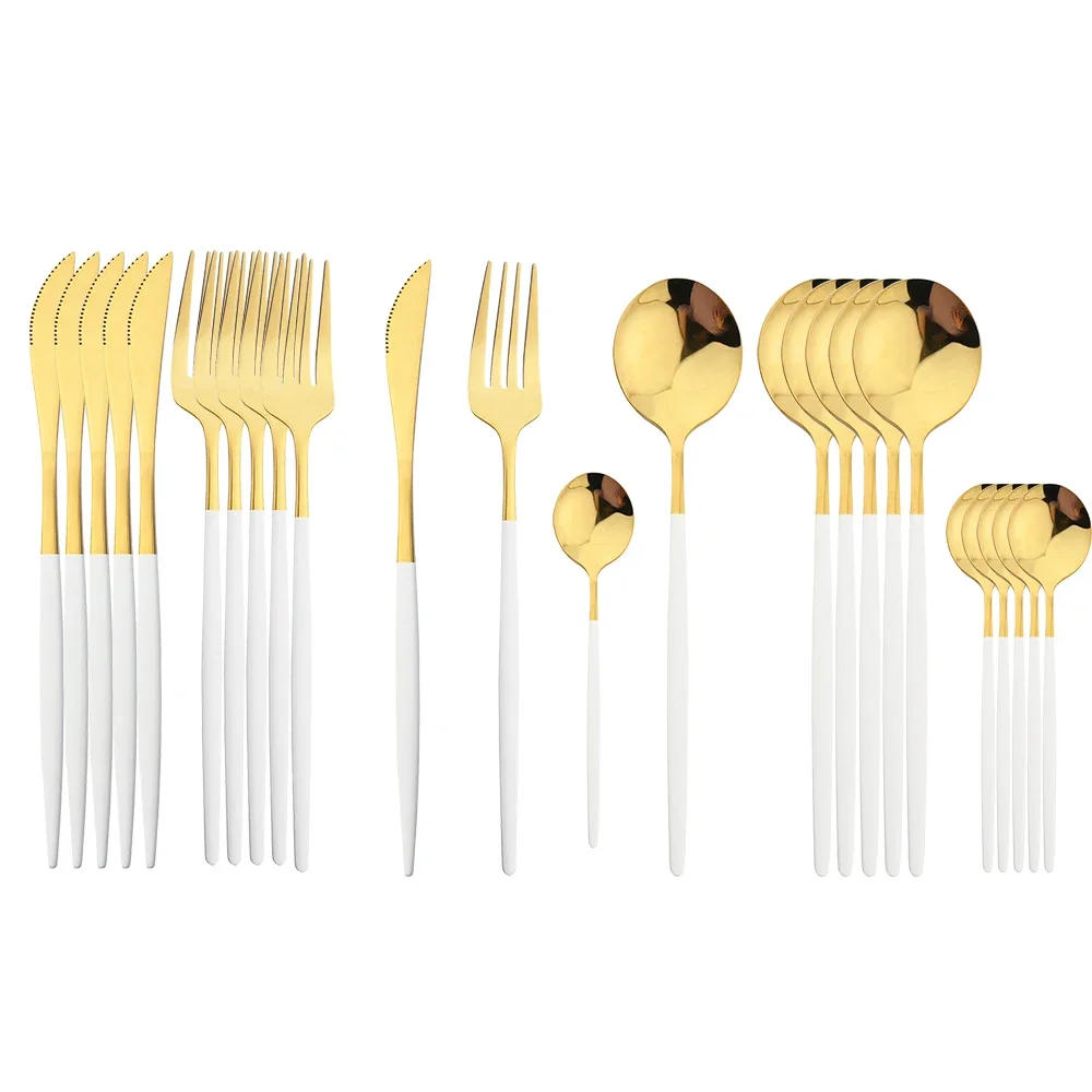 24Pcs Stainless Steel Cutlery Set Western Knife Fork Spoon Dinner Dinnerware Set Kitchen Mint Green Gold Flatware Tableware Set