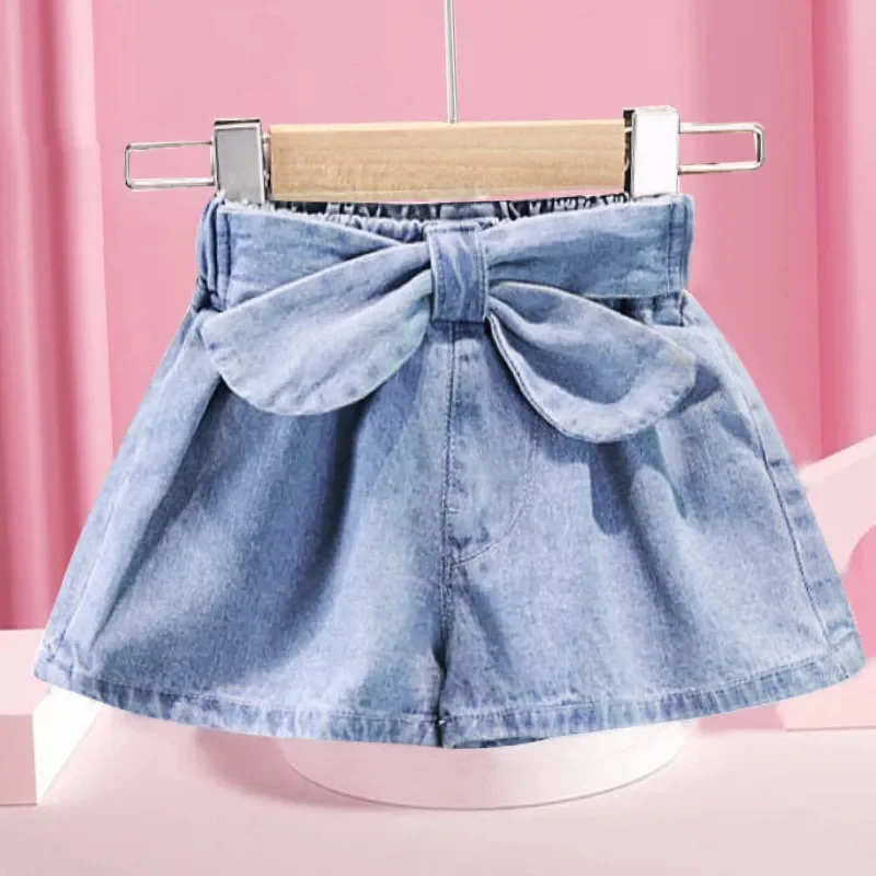 Child Summer Light Denim Shorts Teens Girl Korean Loose Thin Culottes Kids Elastic Waist Cowboy Bowknot Short Pants Fashion