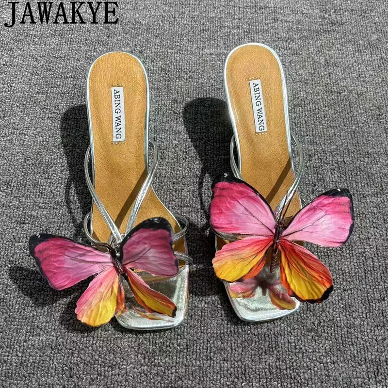 Ladies Dress Slippers with Butterfly Summer High Heel Formal Mules Bohemian Holiday Beach Shoes Women Flip Flops Fashion Slides