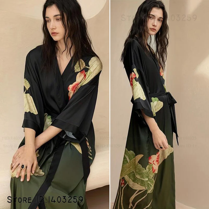 

Женский длинный халат большого размера, ночная рубашка с цветочным принтом, кимоно, халат, весна-лето, новая одежда для сна, домашнее платье, свободная одежда для дома