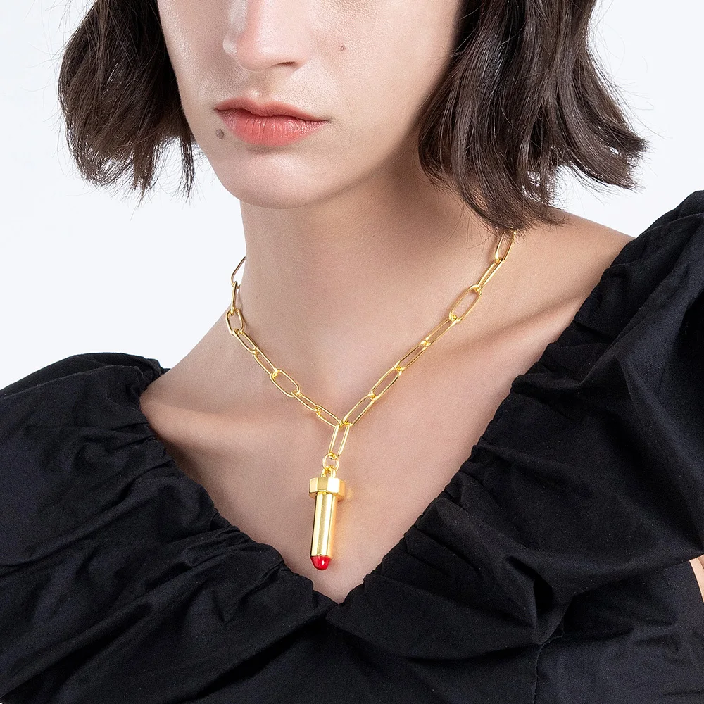 

ENFASHION Cute Lipstick Choker Pendant Necklaces For Women Gold Color Necklace 2021 Fashion Jewelry Collar Friends Gift P213199