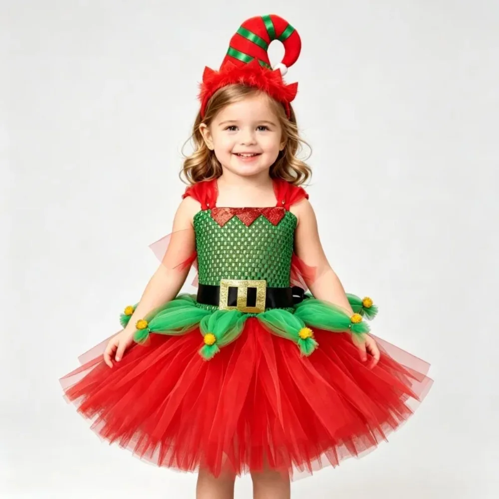 

Sweet Tulle Princess Dress for Holiday Gatherings,Christmas Kids Elf Dress, Girls Festive Christmas Party Stage Costume