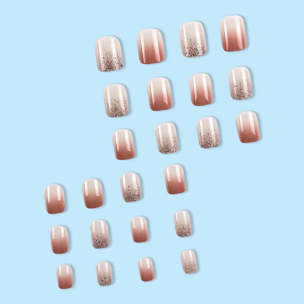 24 Pcs Short Squoval Press On Nails Pink Gradient Stripe Pattern Fake Nails Glossy Artificial Finger Manicure False Nails