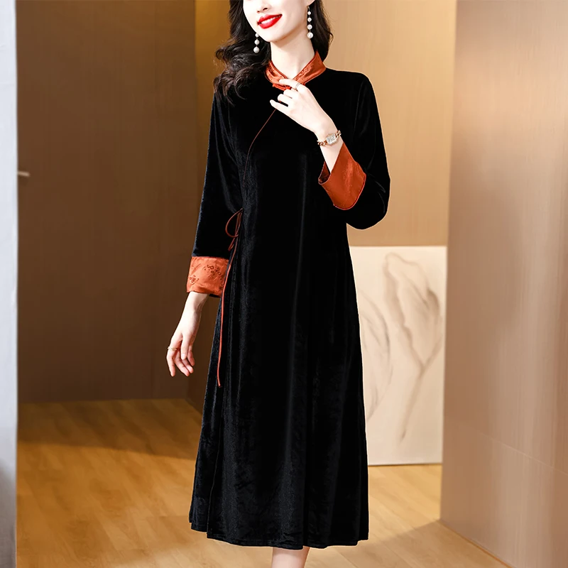 

Women Korean Vintage Luxury Evening Dress Autumn Winter Black Velvet Partchwork Dress 2024 Elegant Loose Casual Vestidos