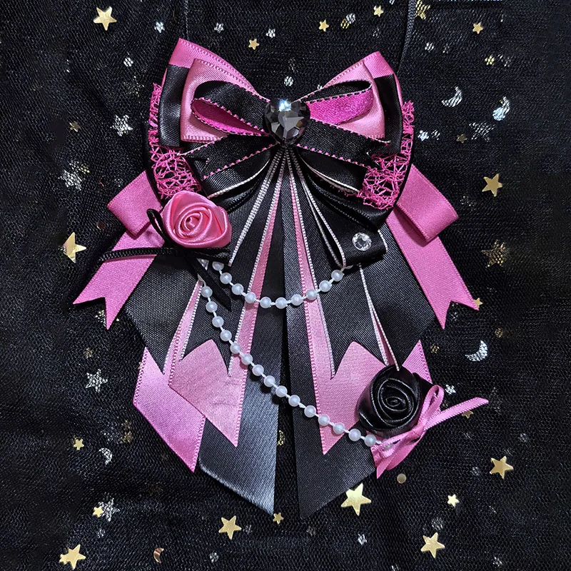 Handmade Ribbon Bows Tie Cosplay Anime Support Sticks Bow High-end Luxury Rhinestone Brooch Original Women's Shirt Collar Flower