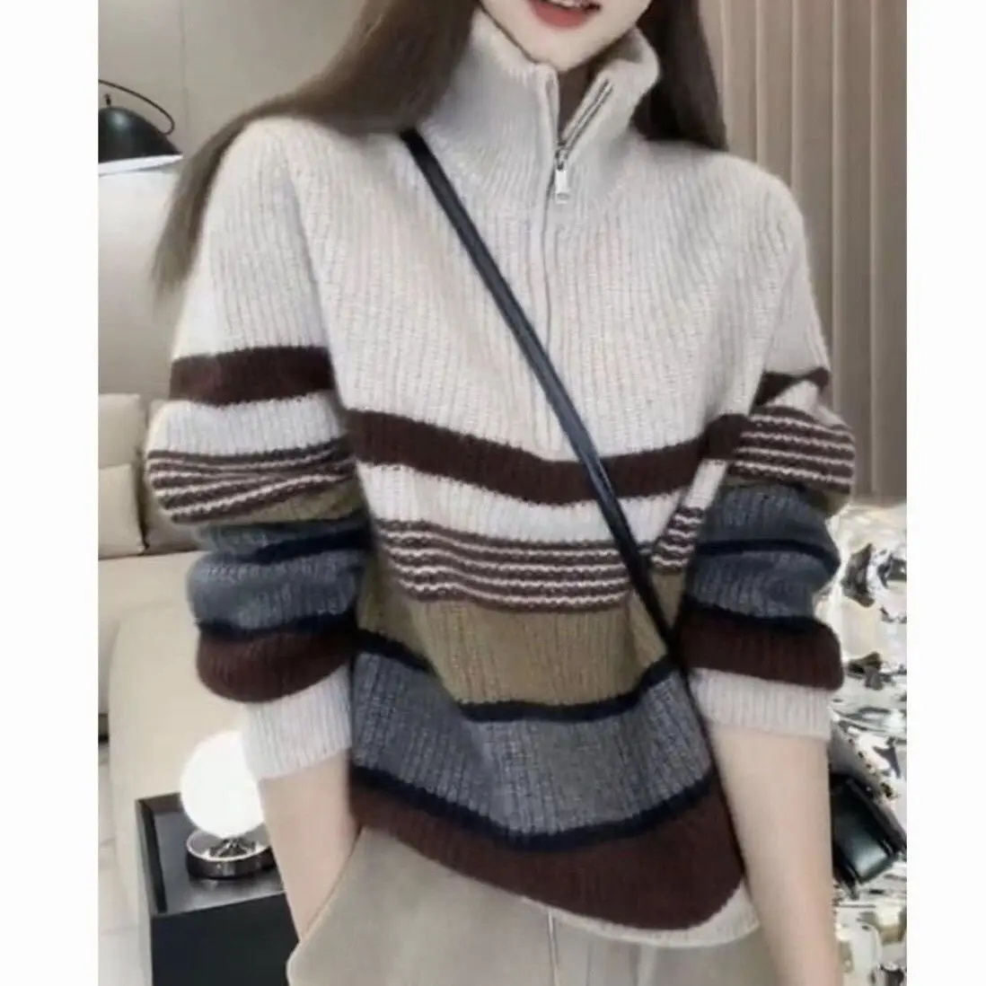 

Sweater Women Vintage Turtleneck 2025 Fashion Simple Autumn Winter Long Sleeve Loose Style Women Sweater