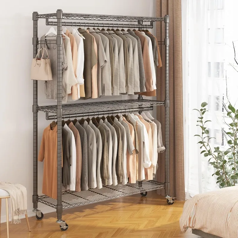 BATHWA Heavy Duty Garment Rack on Wheels, Rolling Clothes Racks for hanging clothes, Simple Sturdy Wardrobe Rack with Double