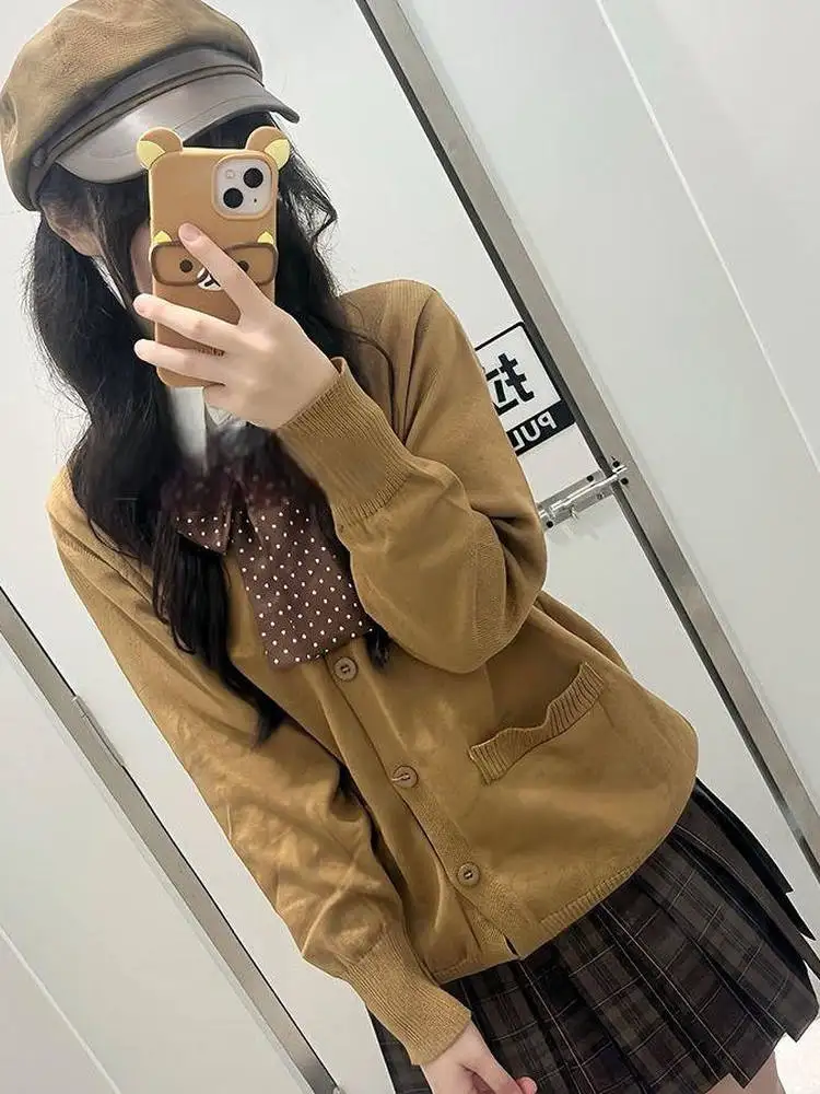 

Осенне-зимний вязаный свитер, длинный свек, открытый кардиган, женский комплект Sle JK School orm с клетчатой юбкой, четырехсекционный...