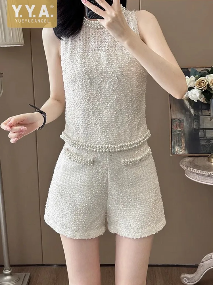 Summer Designer Women Pearls Beading Sleeveless Tank Tops Shorts Two Piece Set Slim Fit Sweet Ladies Matching Sets Party Outfits