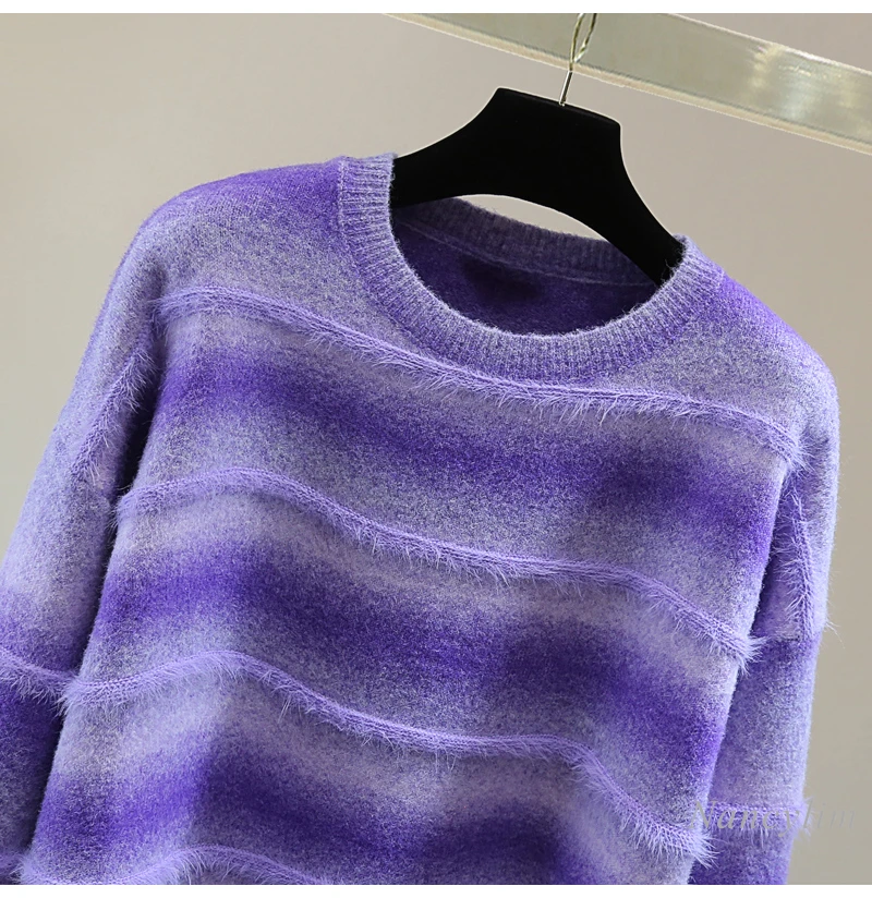 Gradient Purple Sweater Women Mohair Crew Neck Pullover Knitted Sweater 2024 Winter Striped Long-sleeved Knitwear Top