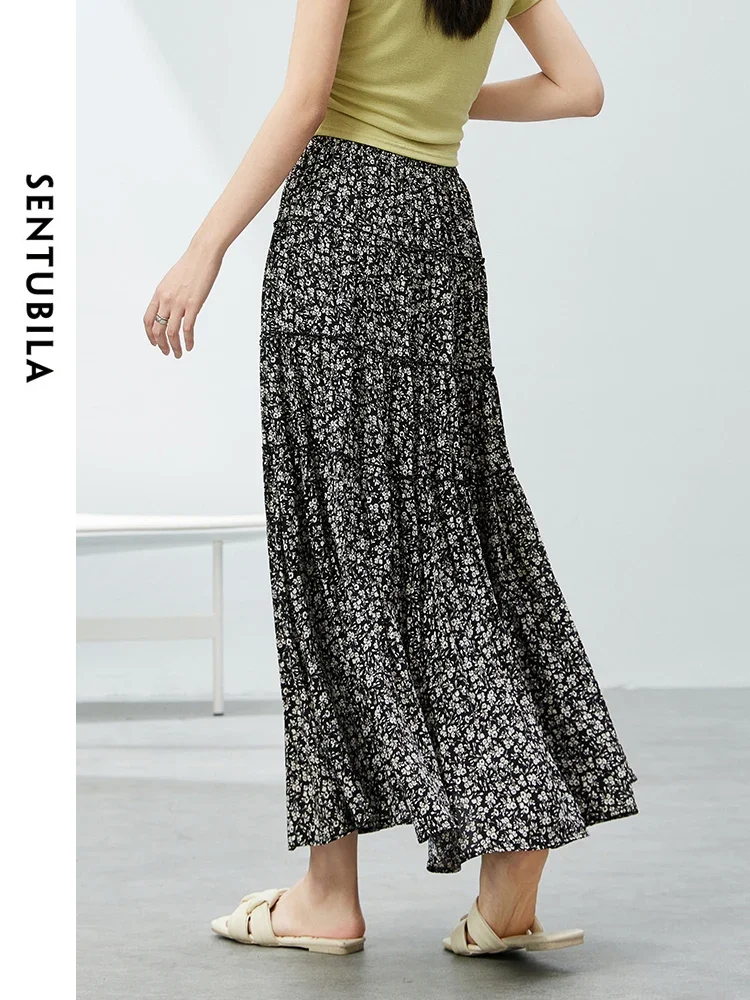 SENTUBILA Floral Maxi Skirt For Woman 2025 Spring Summer Comfort Elastic Waist Simple Printed Straight Long Skirts W42Q54471