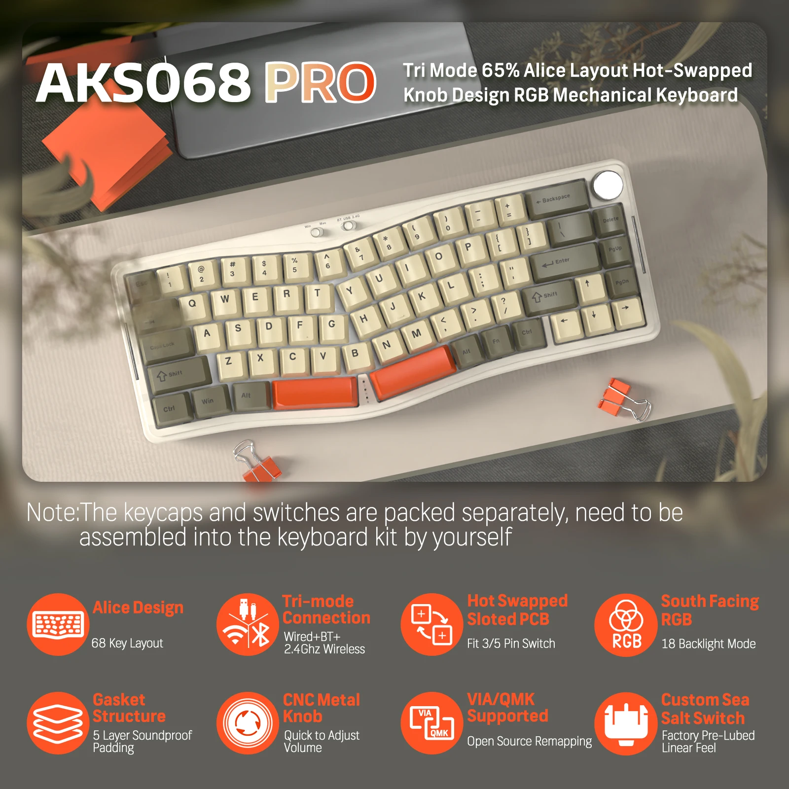 Attack Shark x AJAZZ AKS068PRO Alice Layout Gasket Mechanical Keyboard with Knob, 68Keys Tri-mode Hot-swap Keyboard, VIA Program