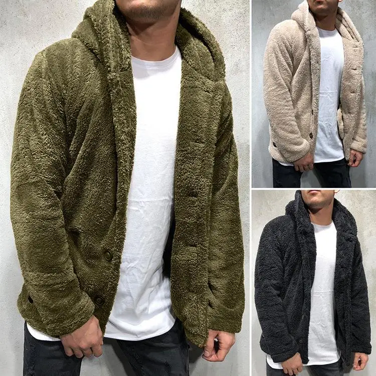 

Autumn Men's Hooded Jaet Woolen Sweater Loose Fit Long Sve Fce Lined Outerwear Youth Cotton Blend Color