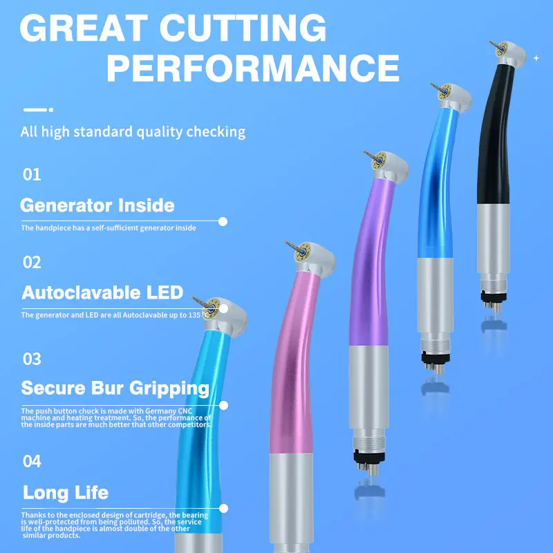 ทันตกรรม LED ความเร็วสูงสีสัน Handpiece Air Turbine พร้อม LED เครื่องกําเนิดไฟฟ้า PUSH ปุ่มหมุนสูงทันตกรรม Turbine TIP LIGHT