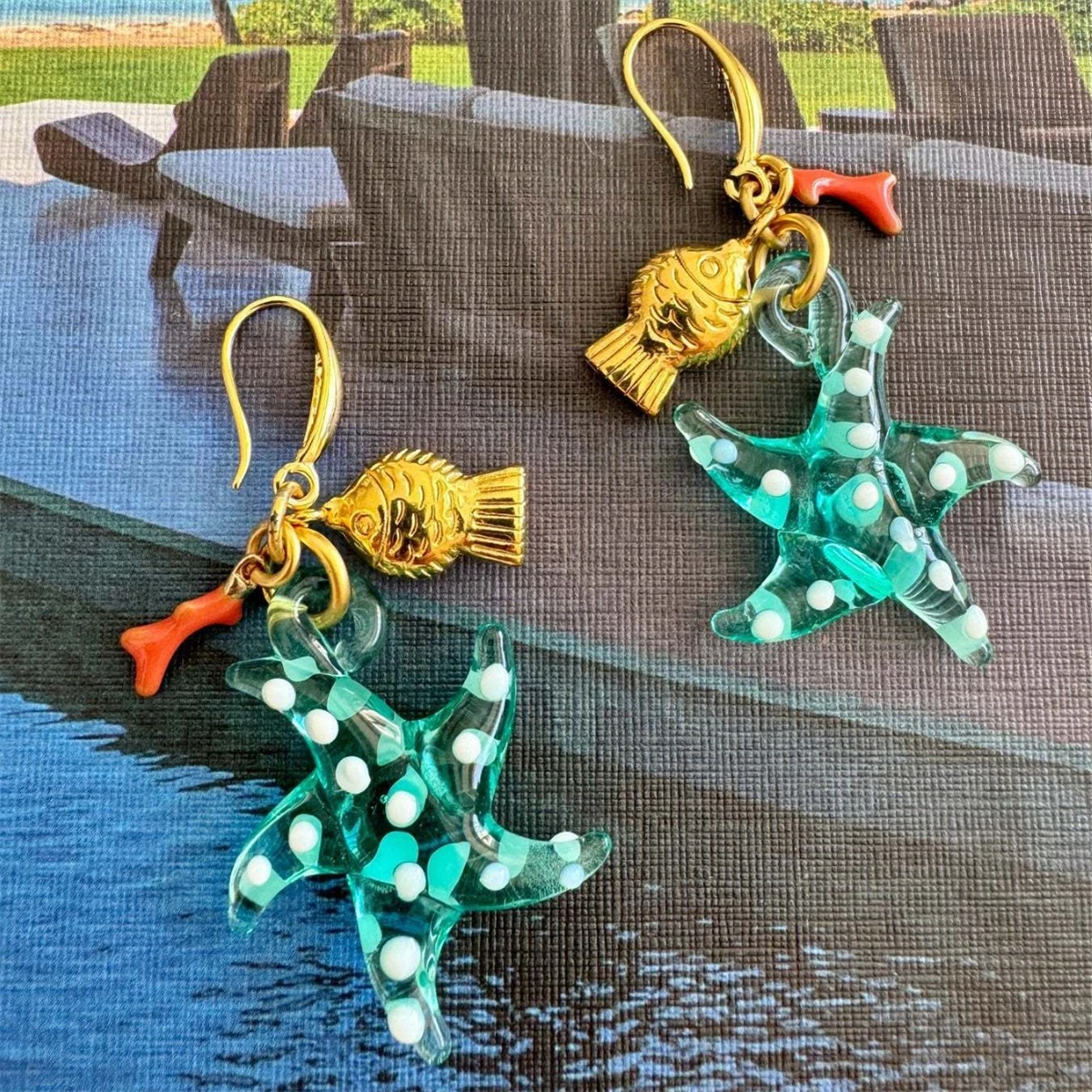 

Large starfish, small goldfish, seahorse, coral earrings, ocean series, women's gift, gold-plated color preservation