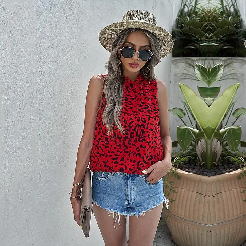 Damska letnia kamizelka Neline, nowa, krzyżowana, w panterkę, okrągły dekolt, top, odzież wierzchnia, kamizelka damska, materiał poliestrowy.