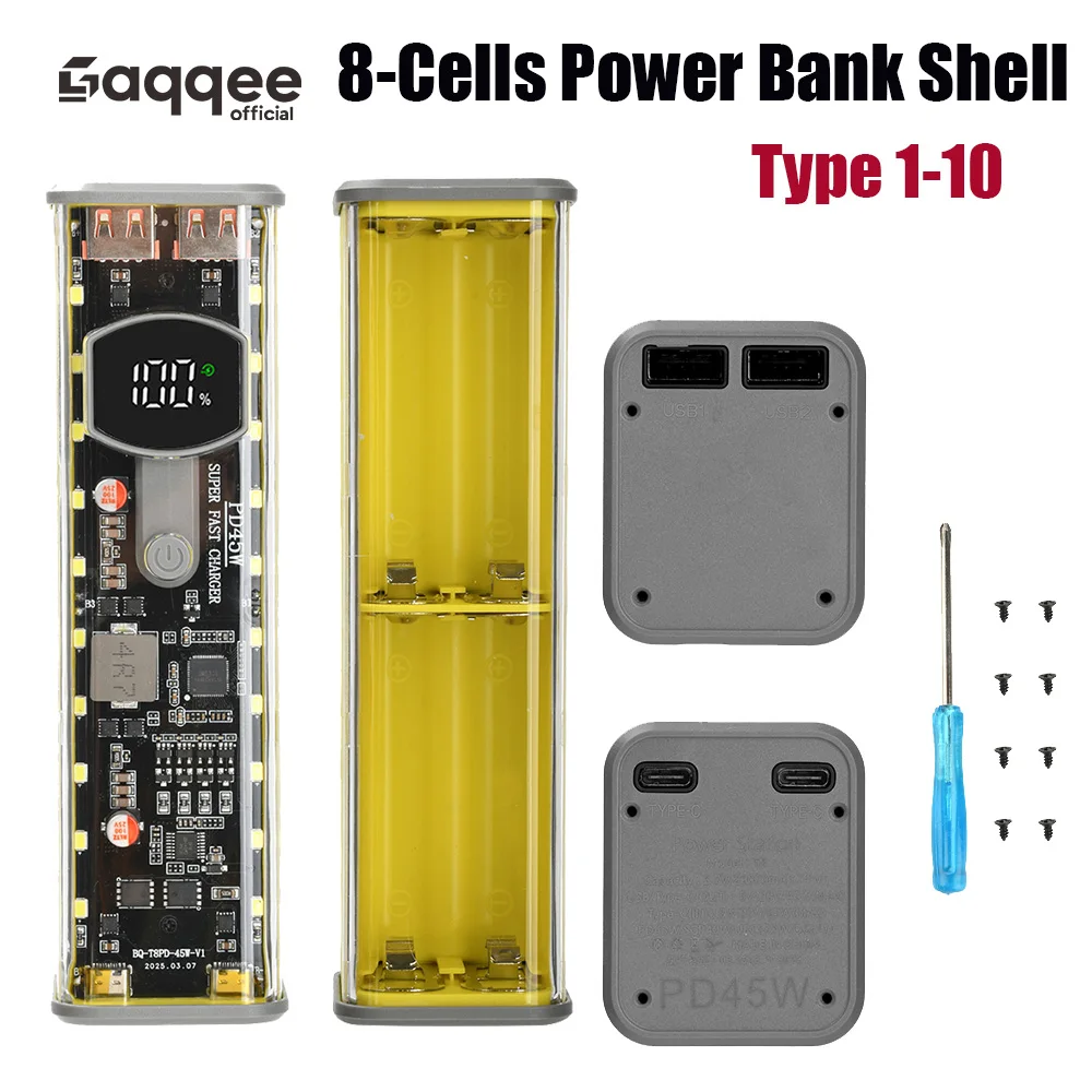PD 8-Cells 22.5W/45W Super Fast Charging Transparent Power Bank Shell Welding Free Battery Cartridges For Outdoor Light Type-C