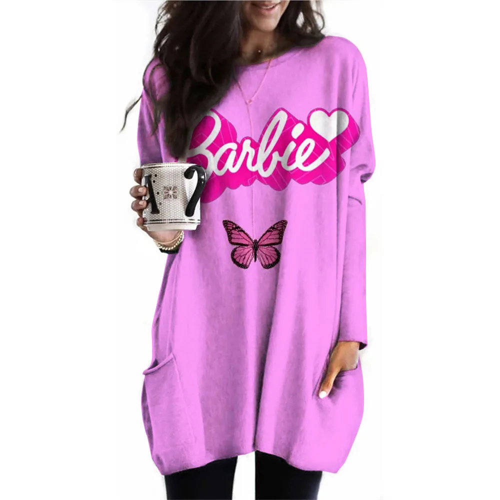 new European and American women\'s long sleeved round neck casual printed Pocket T-shirt top Barbie Princess Printed Autumn Top