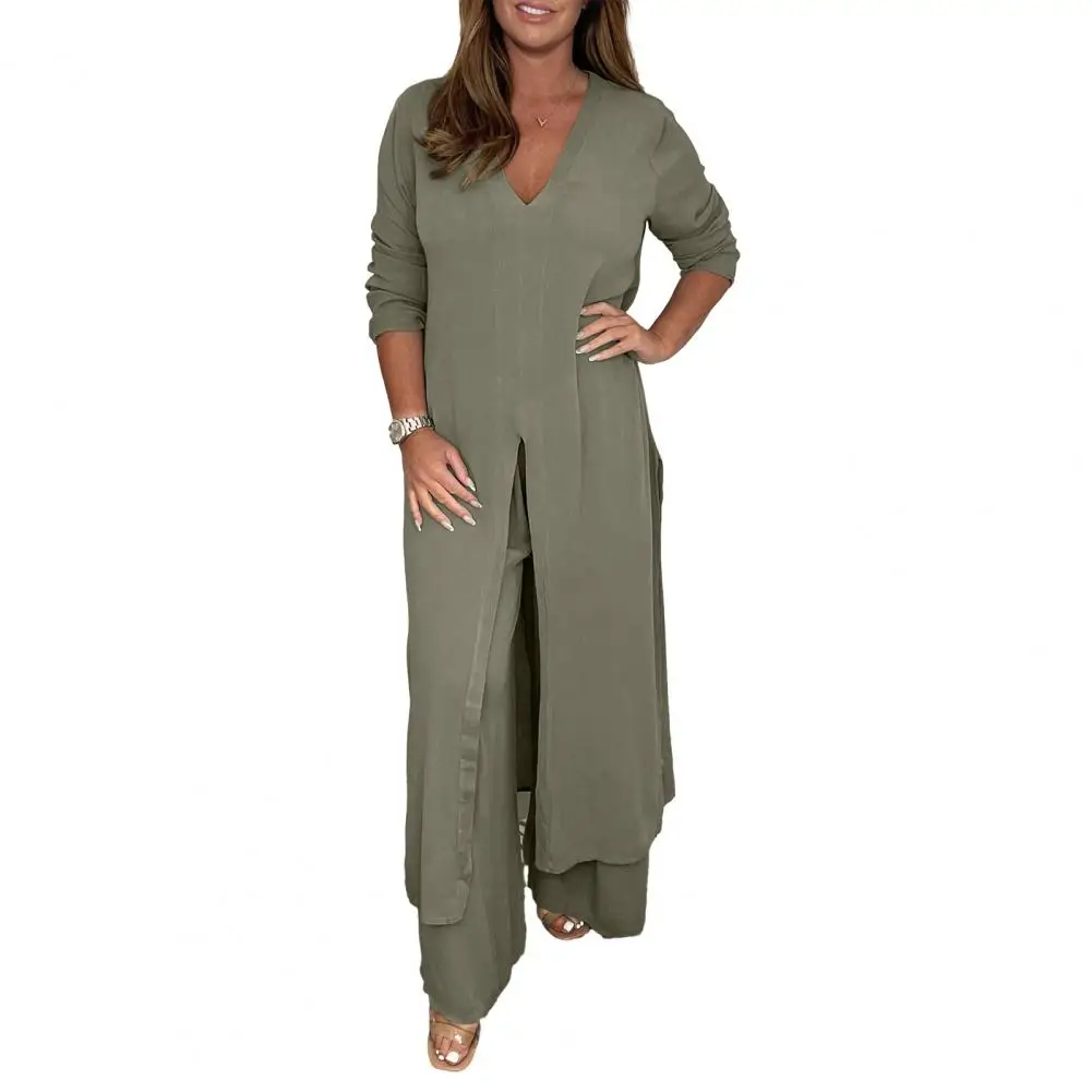 

Новый женский однотонный костюм с длинным пальто с разрезом весна-осень ретро повседневные Непринужденные простые элегантные женские офисные брюки комплект из двух предметов