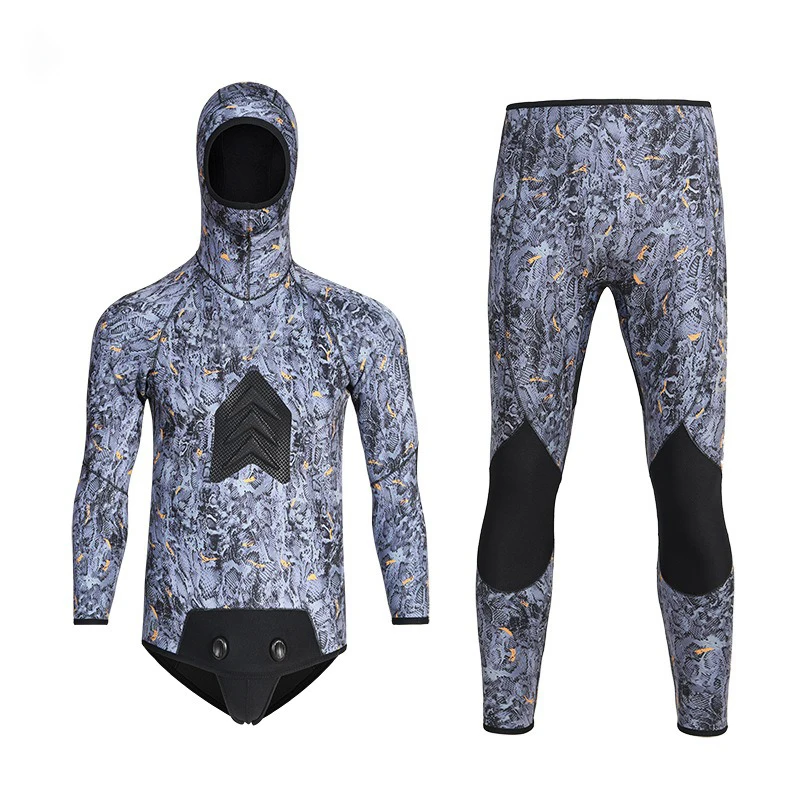 5mm Fish Hunting Suit Men'S Split Hooded CR Light Leather Wetsuit Thickened Thermal Camouflage Wetsuit Surfing Winter Swimsuit