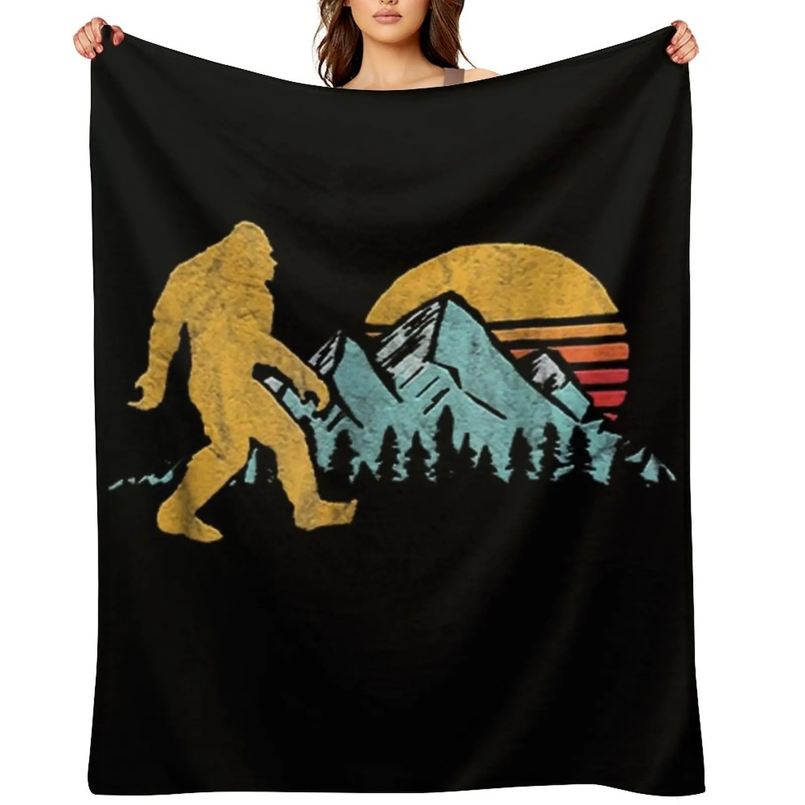 

Vintage Retro Bigfoot Believe Silhouette Mountain Sun Throw Blanket warm winter Winter beds Loose funny gift Blankets