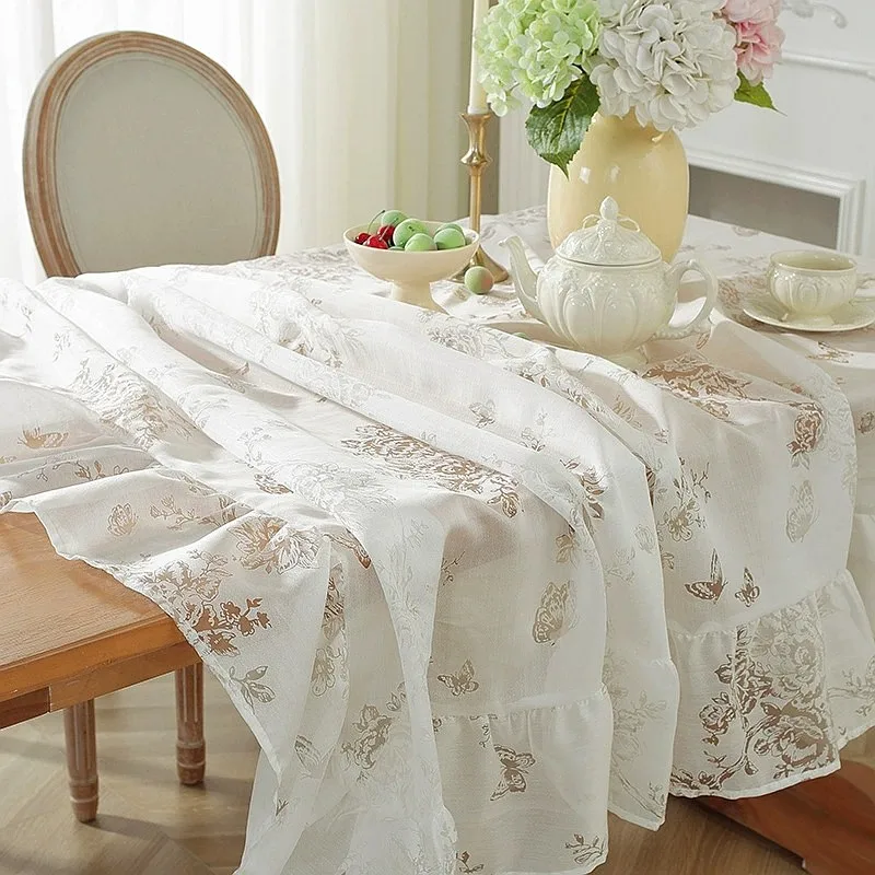 French Cutout Lace Tablecloth, Retro Romantic White Cut Flower Design Ruffle Tablecloth, Wedding Decoration, Cabinets Cover