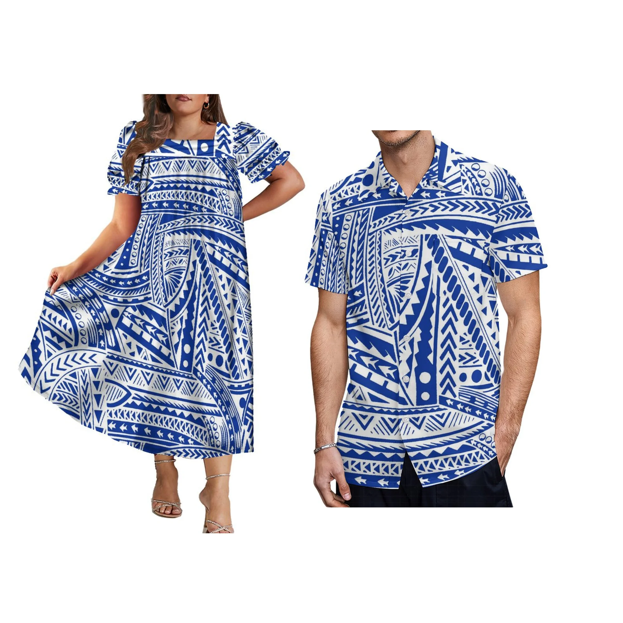 2025 Fashion Lady Mumu Abito a maniche corte con camicia da uomo Design della tribù polinesiana Coppia Set Spedizione gratuita