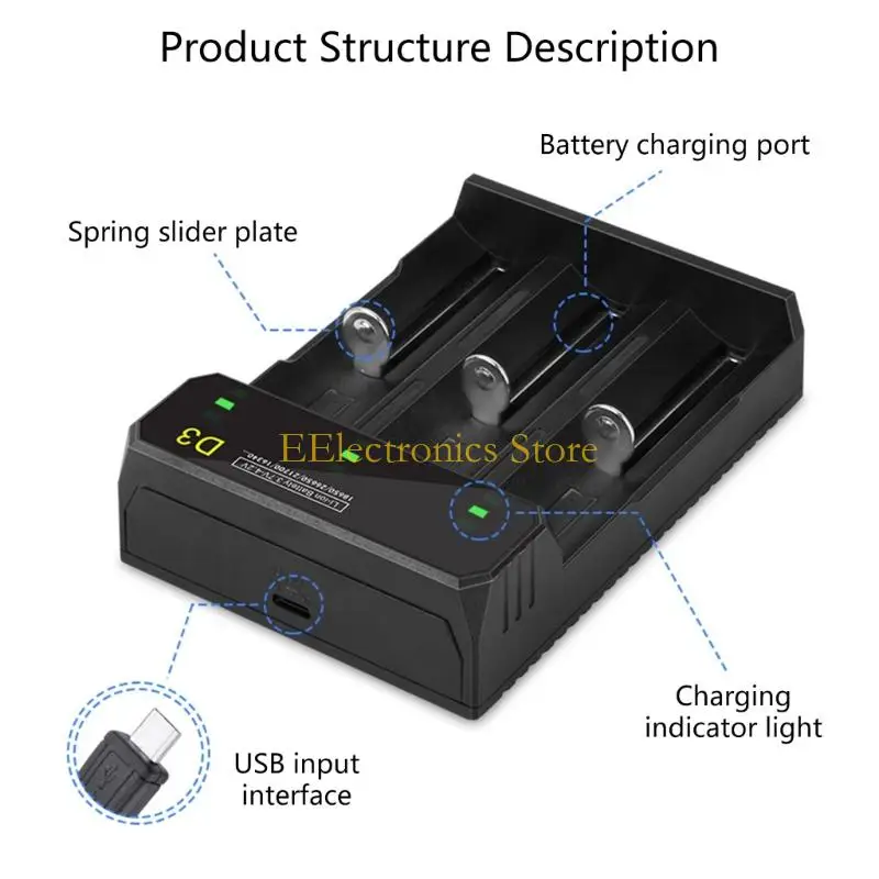 B03C Advanced 3 Bay USB Charging Station with Led light For 5V Batteries 18650 26650 21700 Safe Intelligent Charging