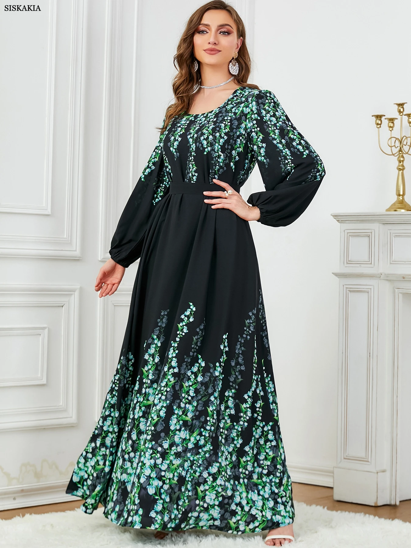 Siskakia Floral Print Muslim Dresses With Long Sleeves Crew-Neck Dubai Islam Turkey Arab Elegant Luxury Evening Clothing 2024