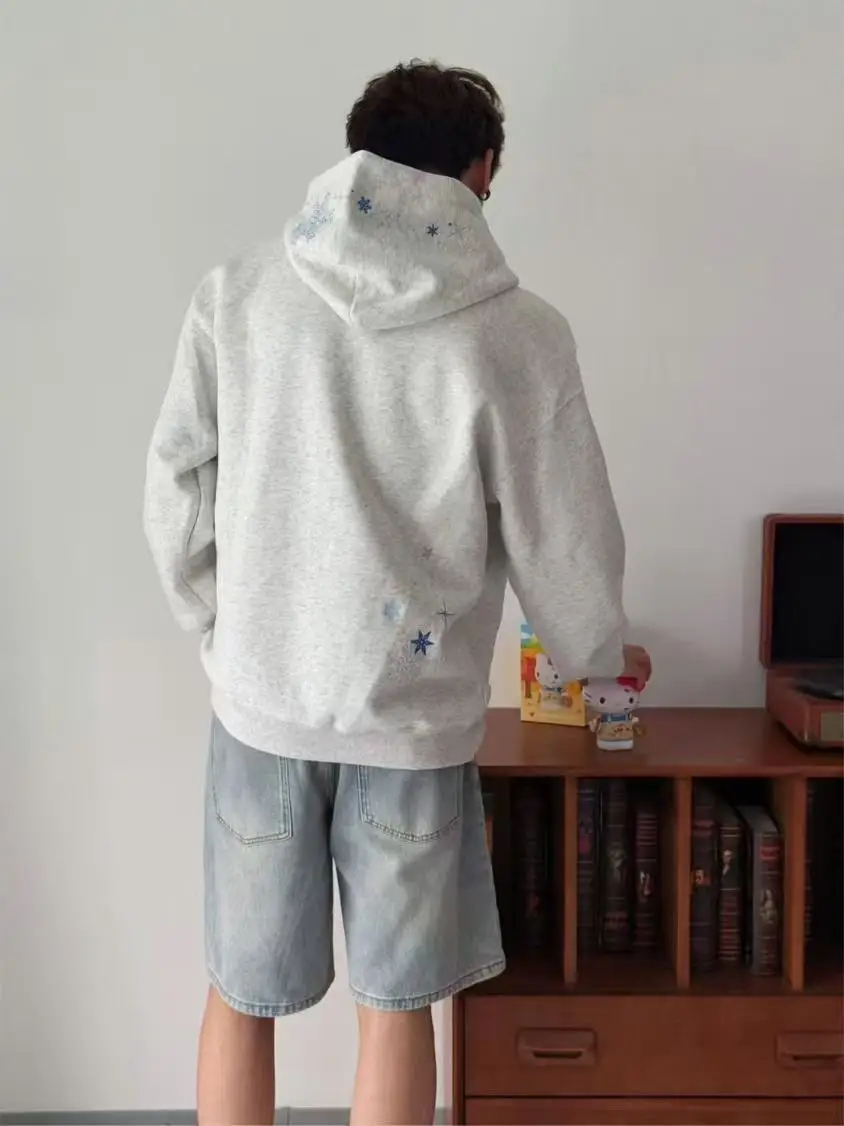 الخريف الشتاء الرجال ندفة الثلج ستار التطريز مقنعين البلوز Y2K الذكور Soild فضفاض عالية الجودة هوديي البلوز