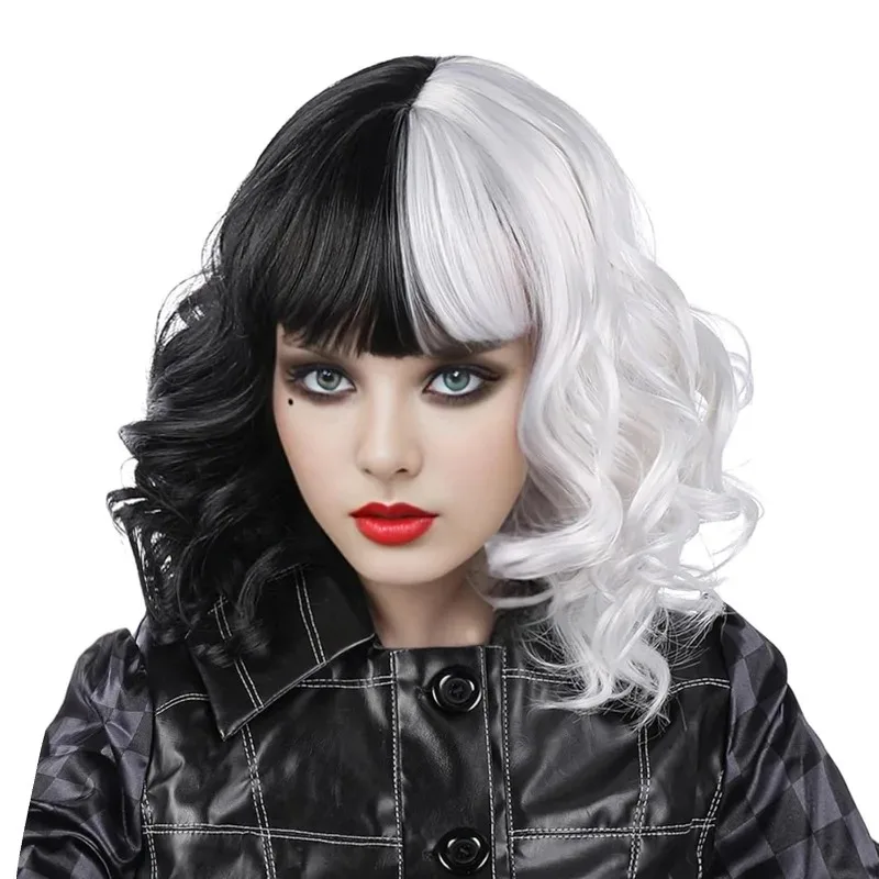 Women’s Cruella Cosplay Wig Black White Short Curly Wig with Bangs Heat Resistant Synthetic Hair for Halloween Carnival Party
