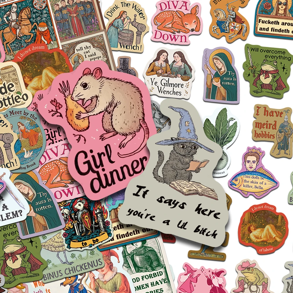50pcs Retro Middle Ages Stickers Decals For Phone Laptop Scrapbook Skateboard Guitar DIY Aesthetic Waterproof Stickers Gifts