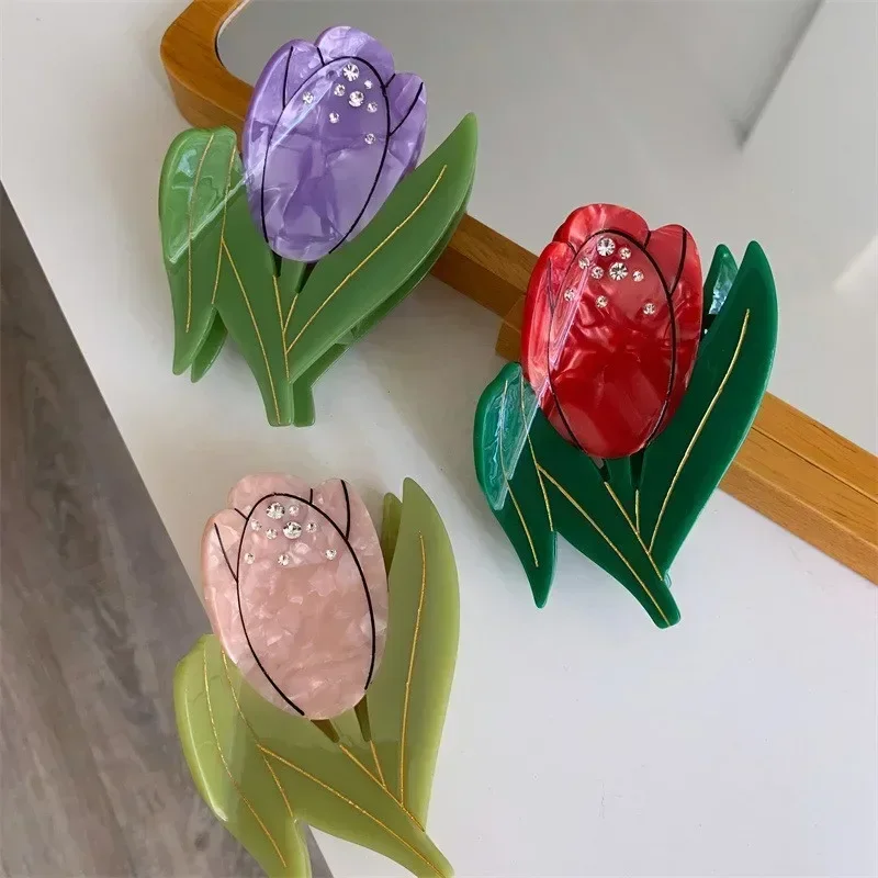 BYL Sweet Diamond Set Tulip Splicing Hair Clips Acetate Hair Claw Tri Color Fashion Design Crab Clip Women's Hair Accessories