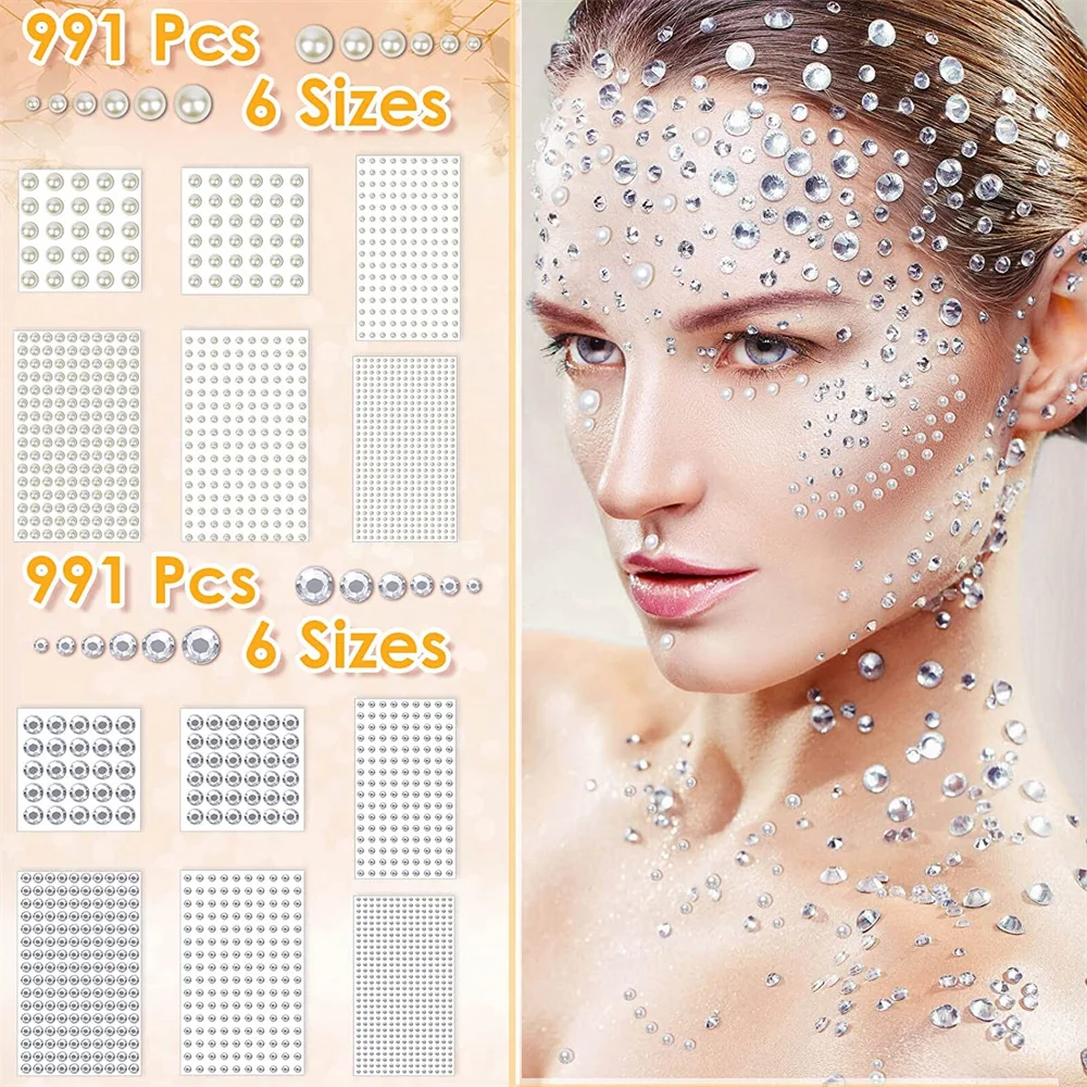 991pcs Mixed Size Self Adhesive White Imitation Pearl Rhinestones Stickers Face Nail Arts Decor 3D Diamond Children DIY Toys