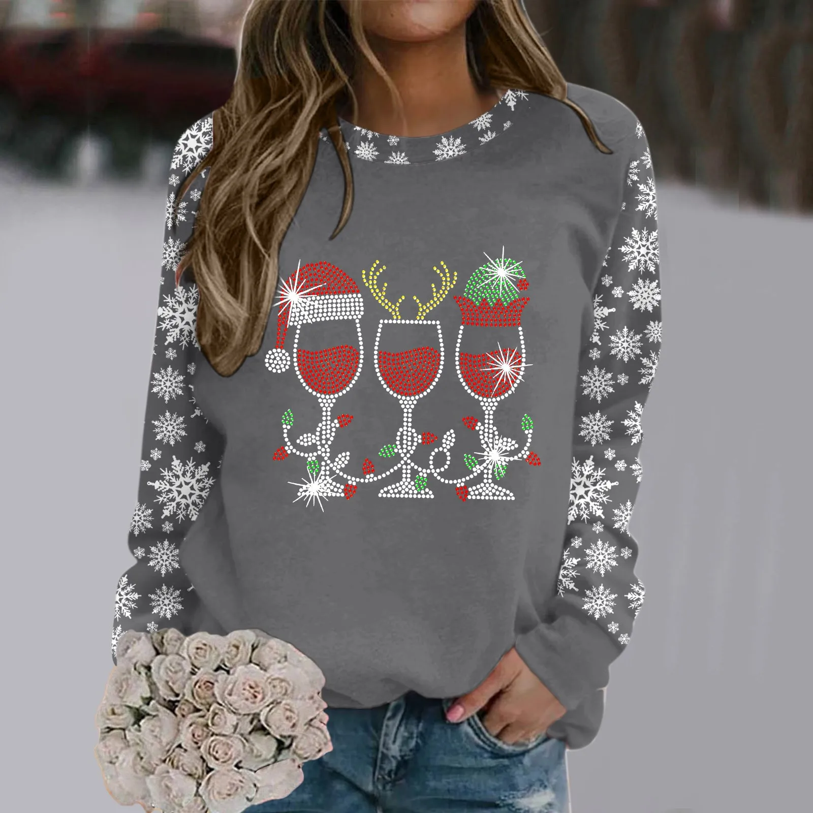 

Women's Casual Long Sleeve Pullover Snowflake Christmas Hat Wine Glass Tops Crewneck Sweatshirts Cute Loose Fit Pullover