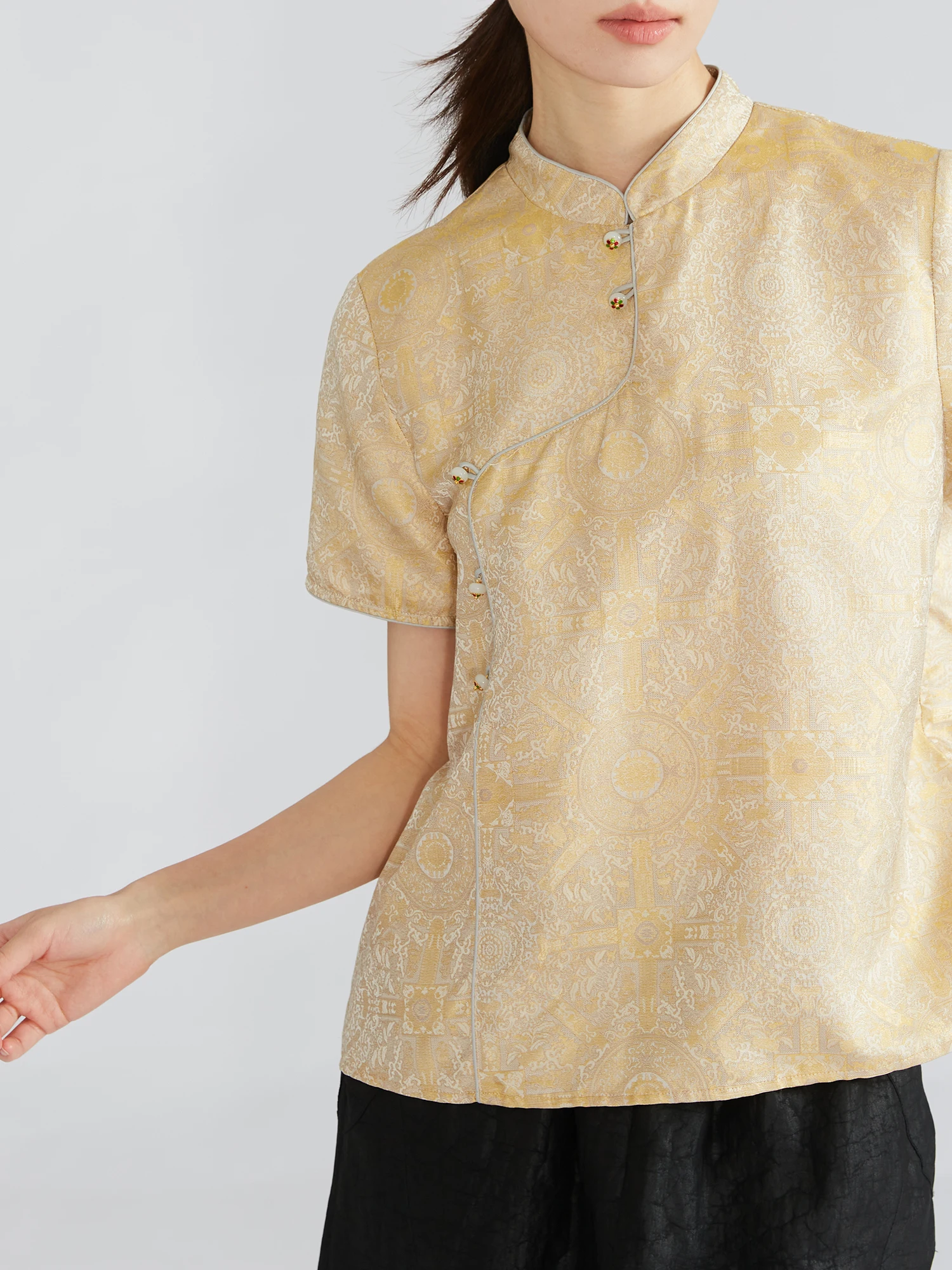 Double-sided Colorful Lotus 100 Mulberry Silk National Style Short Sleeve Top Pure Silk Jacquard New Chinese Style Blouse