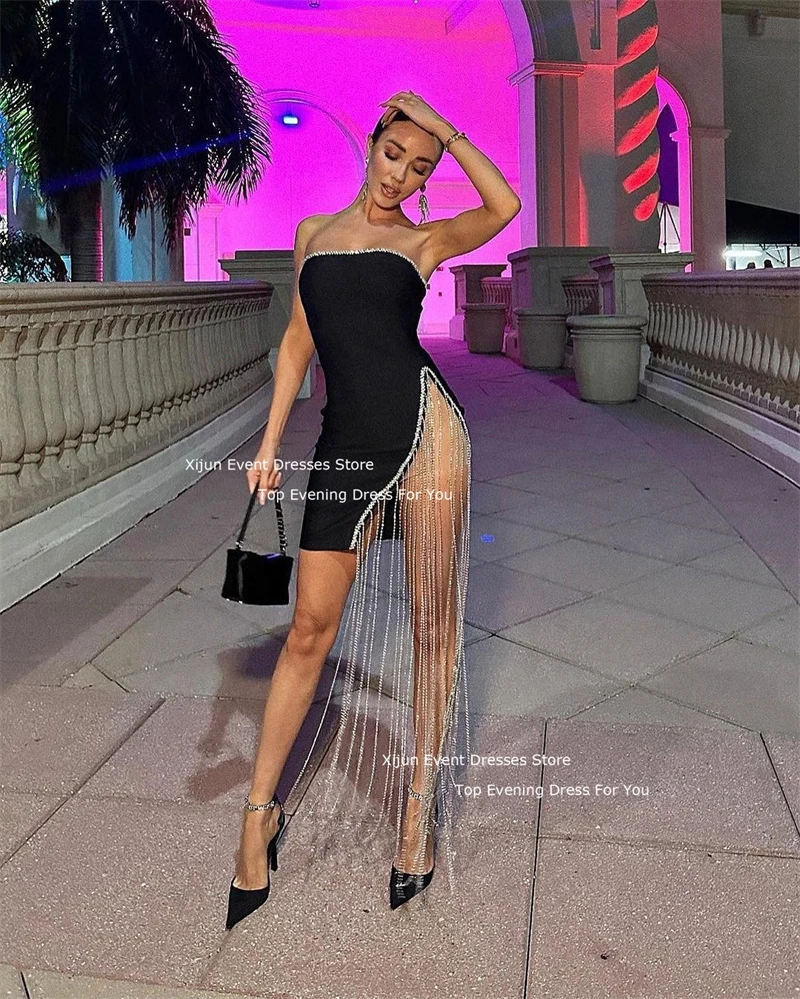 Xijun Sexy Black Mini Evening Dresses High SIde Slit Tassel Club Cocktail Dresses Formal Celebrity Party Gowns Sleeveless Women