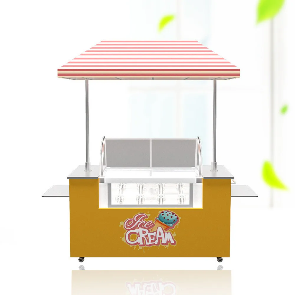 مخصص الآيس كريم دفع عربة جيلاتو عرض الفريزر عربة الغذاء المتنقلة مع الثلاجة عرض كشك بيع المشروبات الباردة